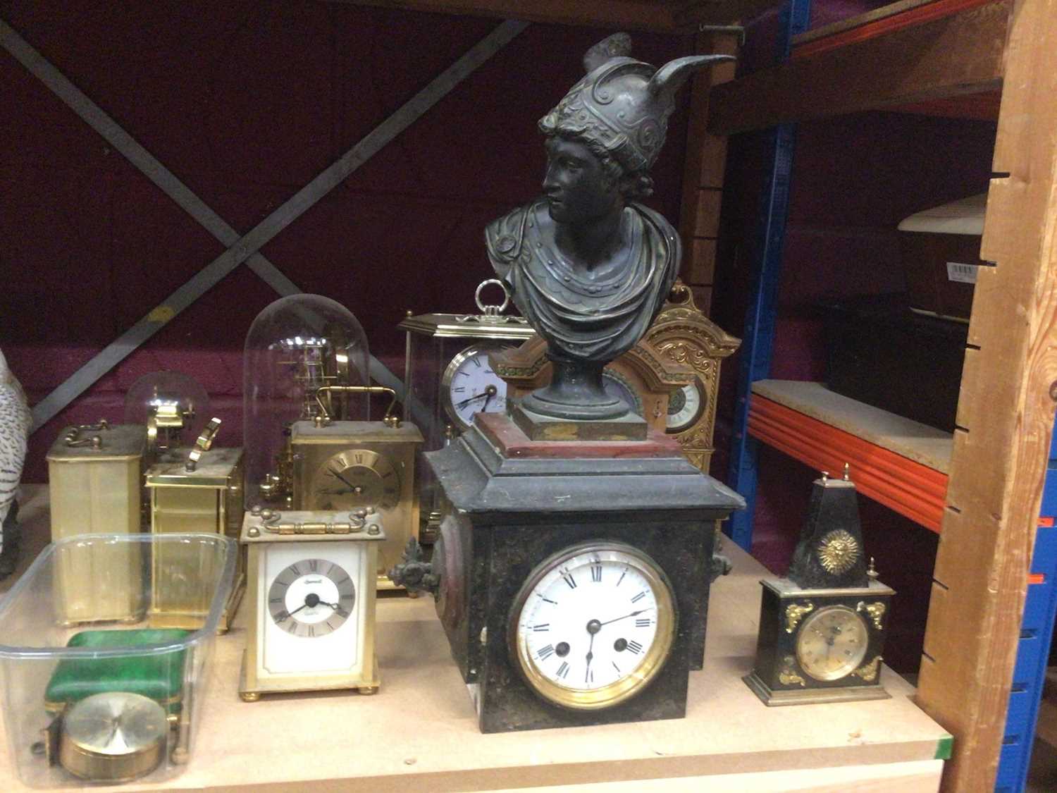 Late 19th century slate mantel clock with bronze bust Hermes plus other clocks