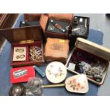 Costume jewellery, wooden boxes, vintage cameras, coins and sundries