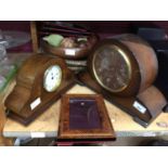 Two wooden mantel clocks, four marquetry picture frames and sundries