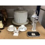 Group of ceramics, including a Victorian cheese dome, Royal Worcester and Copeland cups and saucers,