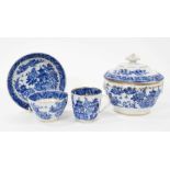 A Chamberlains Worcester blue and white sucrier and trio, printed with Oriental landscapes (4)