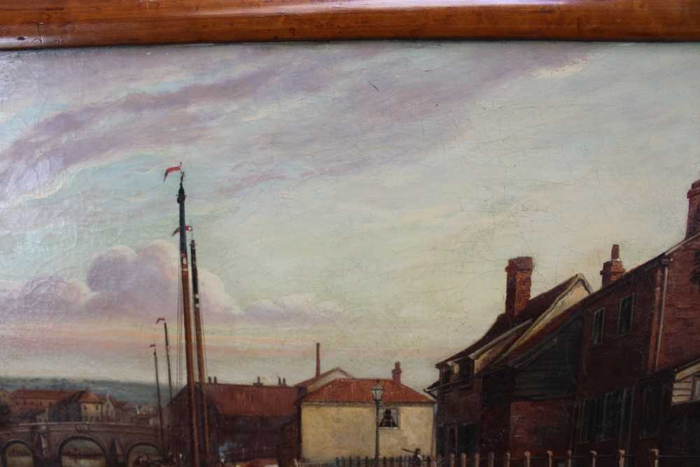19th century oil on canvas - moored barges, 40cm x 60cm, in maple veneered frame - Image 6 of 9