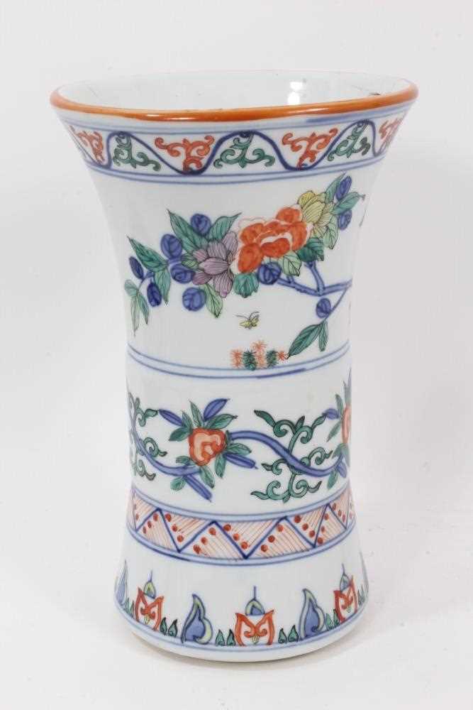 Chinese Gu vase, decorated in the Wucai style with bands of birds and flowers, six-character Wanli m - Image 3 of 7