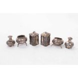 19th century six piece Chinese silver cruet set, comprising two mustard pots, two pepperettes and tw