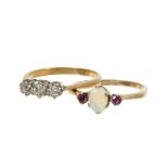 Diamond three stone ring and an opal and garnet three stone ring (2)