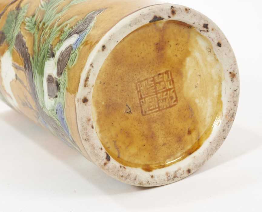 A Chinese sleeve vase, 20th century, decorated in the Sancai style with two cranes, seal mark to bas - Image 2 of 8