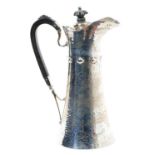 Edwardian silver water jug of tapering form, with raised decoration and spot hammered finish