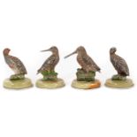 Four Austrian cold painted place name/menu holders in the form of Woodock, Snipe and Grouse, on circ