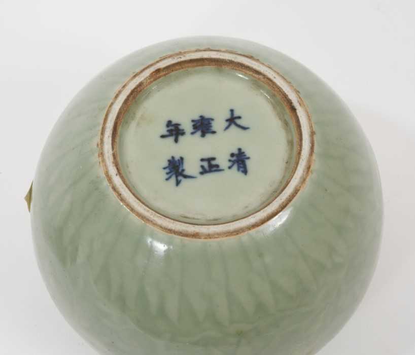 Chinese celadon glazed vase, 19th century, with incised foliate patterns and Ruyi border, six-charac - Image 2 of 8