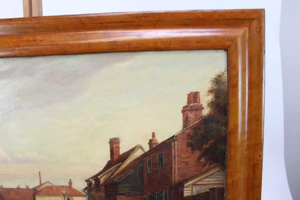 19th century oil on canvas - moored barges, 40cm x 60cm, in maple veneered frame - Image 7 of 9