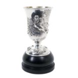 Good quality Victorian silver goblet of cylinderical form with flared rim and ornate chased decorati