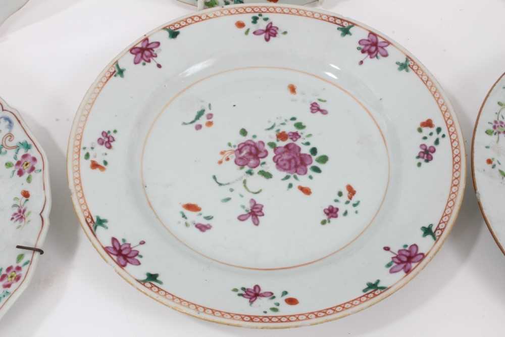 Six 18th century Chinese famille rose porcelain plates, each painted with flowers - Image 6 of 8