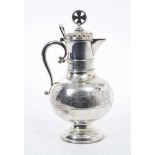 19th century plated rose water ewer of baluster form, with central band of engraved decoration and h
