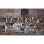 Cuthbert Bradley watercolour and gouache - hounds in kennels, signed, in glazed frame
