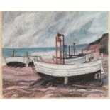 *Dione Page (1936-2021) gouache and pastel on paper laid on card- 'On Dunwich Beach', signed, titled