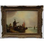 J Bolly, 19th century Dutch School, oil on canvas, figures by a harbour, signed, 34cm x 47cm, in gil