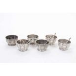 Set of six Victorian silver salt cellars of circular form with beaded borders and decoration, on cir