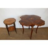 Rosewood and marquetry inlaid drop leaf side table, and a two tier side table