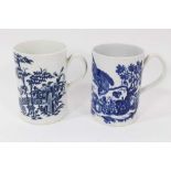 Two Worcester blue and white tankards, circa 1780, one printed with the Parrot Pecking Fruit pattern