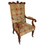 Mid 19th century carved rosewood and tapestry upholstered open armchair