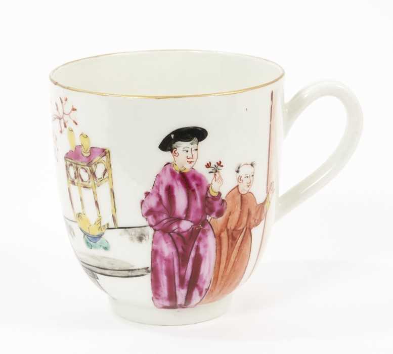 A Worcester coffee cup, circa 1768, decorated with colourful Chinese figures, including a boy climbi