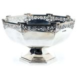 1920s silver bowl of octagonal form, with pierced castellated border on an octagonal pedestal base