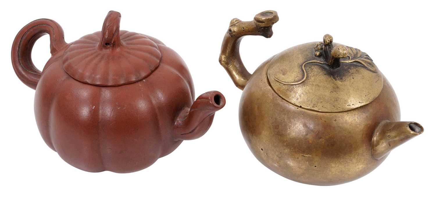 Chinese red ware teapot, together with a brass teapot