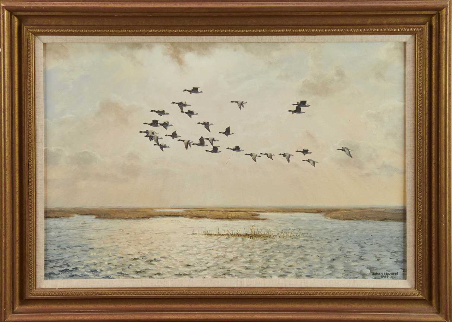 *Julian Novorol (b.1949) pair of oils on canvas - Geese over the Marshes, signed and dated 1989, 40.