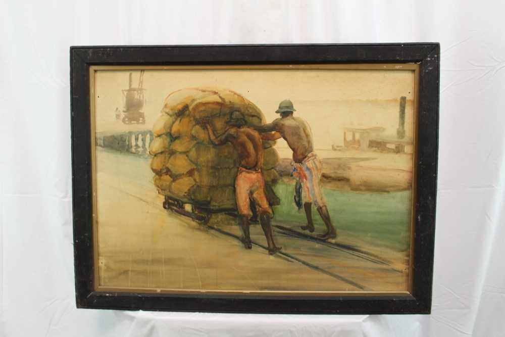 *Gerald Spencer Pryse (1882-1956) watercolour - ‘Loading Groundnuts on the wharf at Burutu’, titled - Image 2 of 7