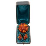 19th century amber brooch and earrings in original fitted leather box