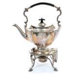 Early Edwardian silver spirit kettle of faceted form, with hinged cover and scroll mounted handle