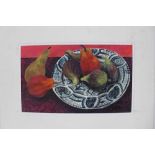 *Dione Page (1936-2021) gouache and pastel on paper laid on card - 'Plate with fruit', signed, title