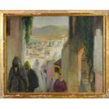 *Gerald Spencer Pryse (1882-1956) oil on canvas - Figures before an extensive townscape, Tangiers, 6