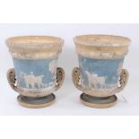 Large pair of 19th century jasperware urns, probably Wedgwood, decorated with figural scenes on a tw