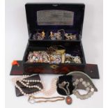 Group of costume jewellery and bijouterie to include a 9ct gold cased wristwatch, amber beads, coin