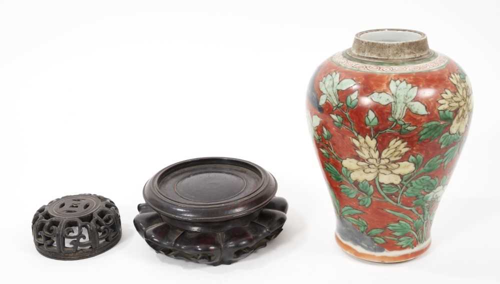 Chinese Wucai baluster jar, 17th century, decorated with a bird in flight amongst rockwork and flowe - Image 2 of 14