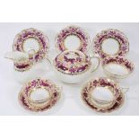 Good quality English porcelain tea service, painted in purple and gilt with a grapevine pattern, ret