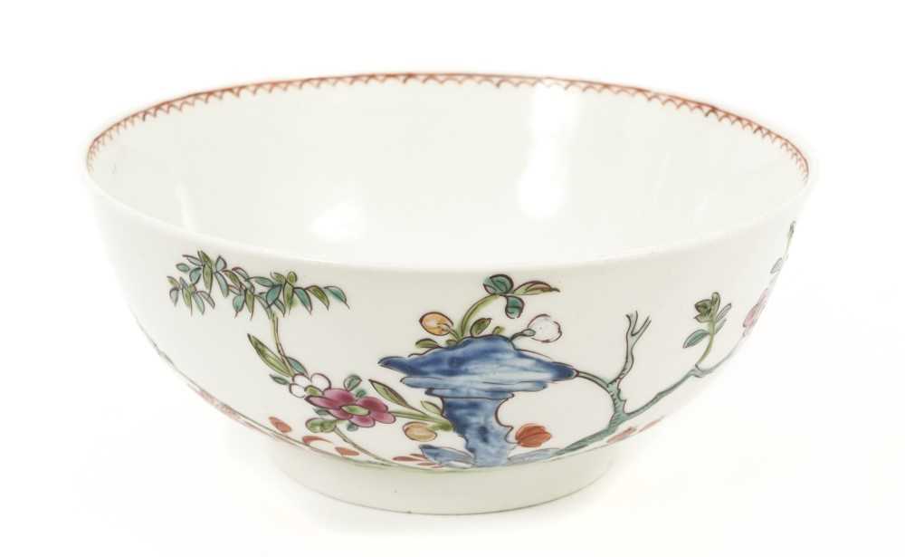 An English porcelain bowl attributed to Vauxhall, circa 1755, polychrome painted in the Chinese styl