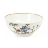 An English porcelain bowl attributed to Vauxhall, circa 1755, polychrome painted in the Chinese styl