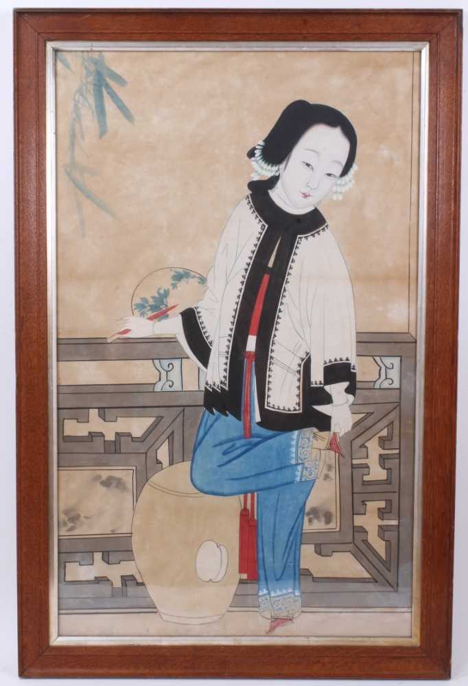 Late 19th / early 20th century Chinese watercolour depiction of a courtesan, in glazed frame, total