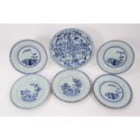 Set of five 18th century blue and white Chinese dishes and one other