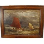 English School, 19th century, oil on panel - sailing boats off the coast, 25cm x 36cm, framed