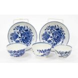 Two sets of Worcester blue and white Fence pattern tea bowls and saucers, circa 1775, and another si