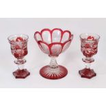 Good pair of Bohemian flash cut ruby glass goblets, decorated with stags, hounds and horses, togethe