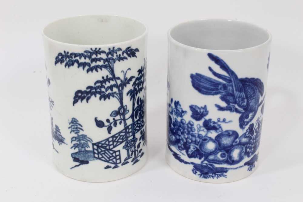 Two Worcester blue and white tankards, circa 1780, one printed with the Parrot Pecking Fruit pattern - Image 2 of 6