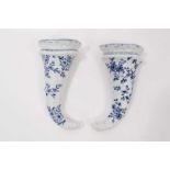 A pair of Worcester cornucopia shaped wall pockets, painted with the Prunus Root pattern, circa 1755