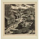 Gwenda Morgan (1908-1991) signed limited edition woodcut - Downland Farm, 3/50, 12.25cm x 13.5cm, mo