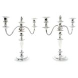 Pair 1930s silver three light candelabra, with tapering stems and gadrooned borders
