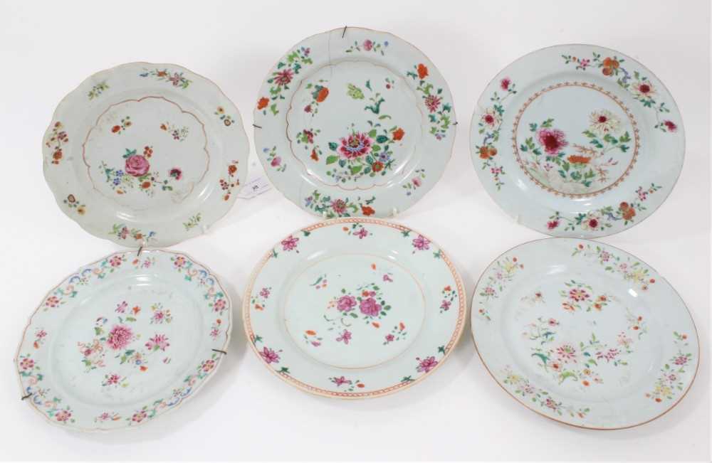 Six 18th century Chinese famille rose porcelain plates, each painted with flowers