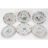 Six 18th century Chinese famille rose porcelain plates, each painted with flowers